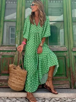 Boho Maxi Smock Dress for Women - Tiered Floral V Neck Lantern Sleeve Long Dress - Summer Beach Holiday 2026