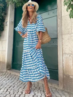 Boho Maxi Smock Dress for Women - Tiered Floral V Neck Lantern Sleeve Long Dress - Summer Beach Holiday 2026
