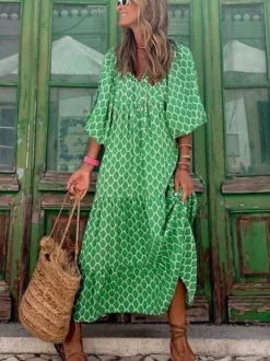 Boho Maxi Smock Dress for Women - Tiered Floral V Neck Lantern Sleeve Long Dress - Summer Beach Holiday 2026