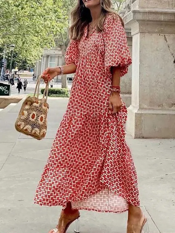 Boho Maxi Smock Dress for Women - Tiered Floral V Neck Lantern Sleeve Long Dress - Summer Beach Holiday 2026