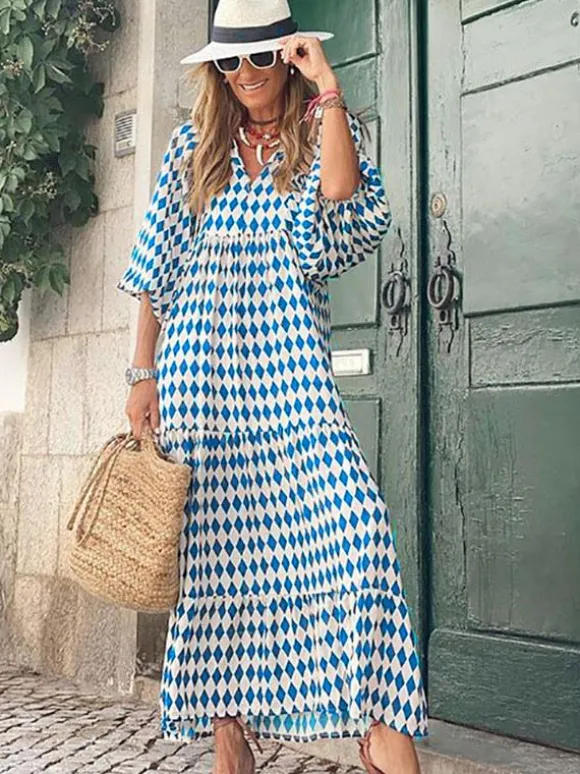 Boho Maxi Smock Dress for Women - Tiered Floral V Neck Lantern Sleeve Long Dress - Summer Beach Holiday 2026