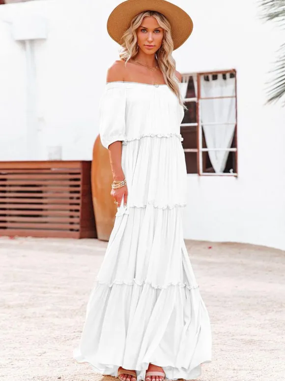Boho Off Shoulder Tiered Maxi Dress for Women - Cream Puff Sleeve Flowy Long Gown - Summer Beach Resort 2026