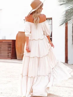 Boho Off Shoulder Tiered Maxi Dress for Women - Cream Puff Sleeve Flowy Long Gown - Summer Beach Resort 2026