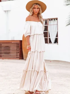 Boho Off Shoulder Tiered Maxi Dress for Women - Cream Puff Sleeve Flowy Long Gown - Summer Beach Resort 2026