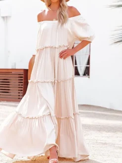 Boho Off Shoulder Tiered Maxi Dress for Women - Cream Puff Sleeve Flowy Long Gown - Summer Beach Resort 2026