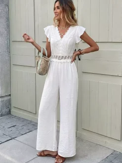 Boho Off-White Textured Jumpsuit V-Neck Ruffle Short Sleeve Crochet Lace Cutout High Waist Wide Leg Casual Playsuit