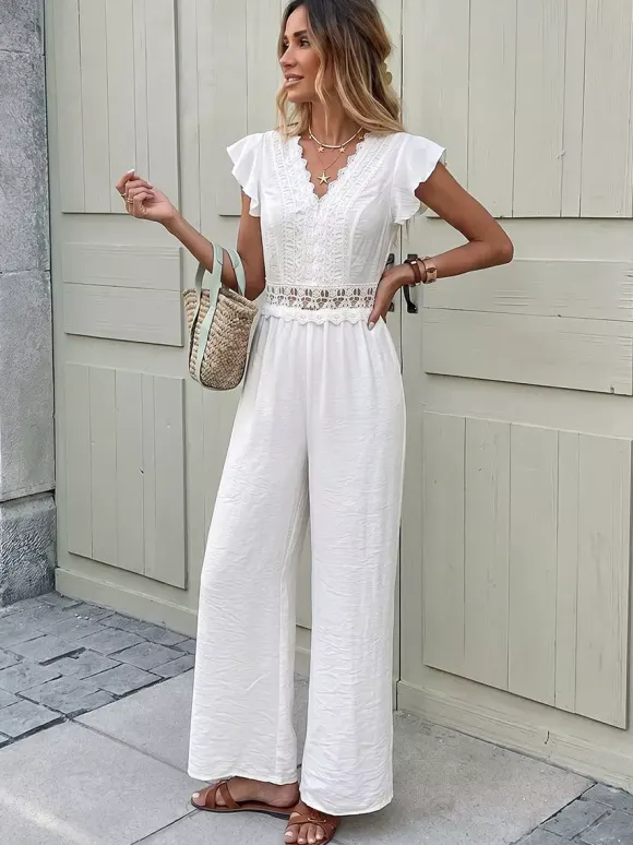 Boho Off-White Textured Jumpsuit V-Neck Ruffle Short Sleeve Crochet Lace Cutout High Waist Wide Leg Casual Playsuit