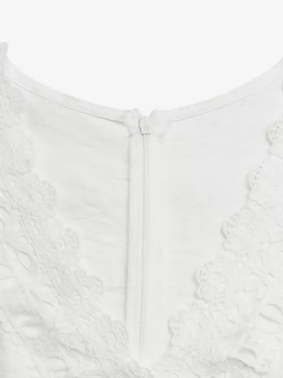 Boho Off-White Textured Jumpsuit V-Neck Ruffle Short Sleeve Crochet Lace Cutout High Waist Wide Leg Casual Playsuit