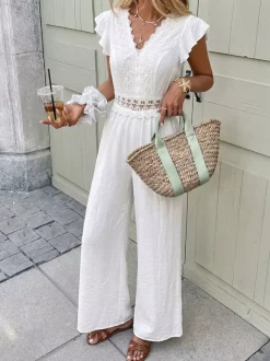 Boho Off-White Textured Jumpsuit V-Neck Ruffle Short Sleeve Crochet Lace Cutout High Waist Wide Leg Casual Playsuit