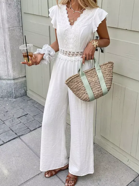 Boho Off-White Textured Jumpsuit V-Neck Ruffle Short Sleeve Crochet Lace Cutout High Waist Wide Leg Casual Playsuit
