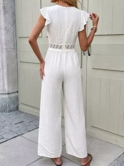 Boho Off-White Textured Jumpsuit V-Neck Ruffle Short Sleeve Crochet Lace Cutout High Waist Wide Leg Casual Playsuit