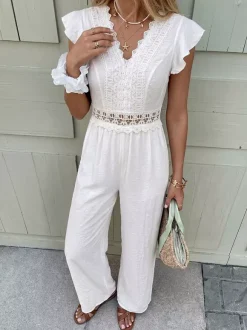 Boho Off-White Textured Jumpsuit V-Neck Ruffle Short Sleeve Crochet Lace Cutout High Waist Wide Leg Casual Playsuit