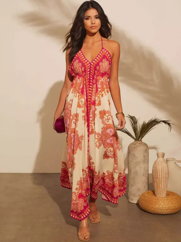 Boho Paisley Maxi Dress for Women - Ethnic Print Halter Neck Loose Fit Flowy Long Dress - Summer Tropical Vacation 2026