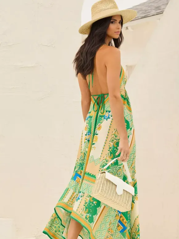 Boho Paisley Maxi Dress for Women - Ethnic Print Halter Neck Loose Fit Flowy Long Dress - Summer Tropical Vacation 2026