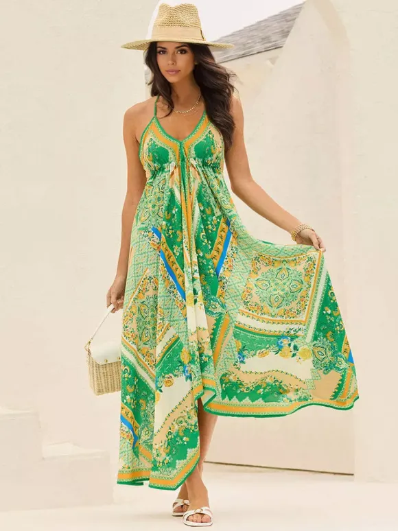 Boho Paisley Maxi Dress for Women - Ethnic Print Halter Neck Loose Fit Flowy Long Dress - Summer Tropical Vacation 2026