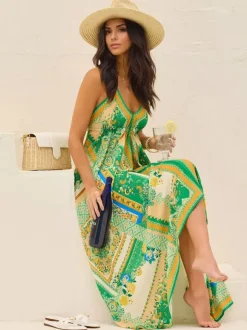 Boho Paisley Maxi Dress for Women - Ethnic Print Halter Neck Loose Fit Flowy Long Dress - Summer Tropical Vacation 2026