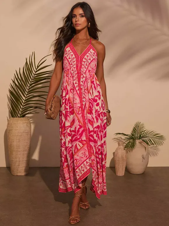 Boho Paisley Maxi Dress for Women - Ethnic Print Halter Neck Loose Fit Flowy Long Dress - Summer Tropical Vacation 2026