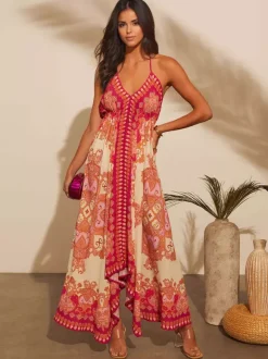 Boho Paisley Maxi Dress for Women - Ethnic Print Halter Neck Loose Fit Flowy Long Dress - Summer Tropical Vacation 2026