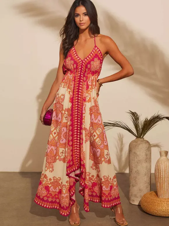 Boho Paisley Maxi Dress for Women - Ethnic Print Halter Neck Loose Fit Flowy Long Dress - Summer Tropical Vacation 2026