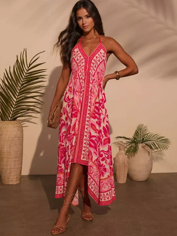 Boho Paisley Maxi Dress for Women - Ethnic Print Halter Neck Loose Fit Flowy Long Dress - Summer Tropical Vacation 2026