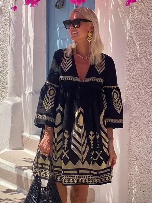 Boho Printed Mini Dress for Women - Black Ethnic V Neck Bell Sleeve Loose Fit Babydoll Tunic Dress - Summer Resort 2026