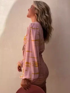 Boho Printed Mini Dress for Women - Tie Front V Neck Lantern Sleeve Smocked Short Bodycon - Summer Resort 2026