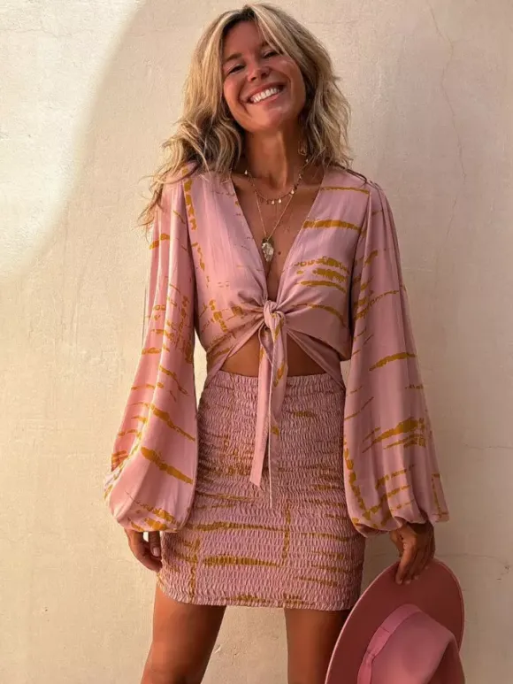 Boho Printed Mini Dress for Women - Tie Front V Neck Lantern Sleeve Smocked Short Bodycon - Summer Resort 2026