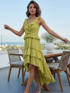 Boho Ruffle High-Low Sundress For Women - Smocked V-Neck Sleeveless Tiered Flowy Midi Dress - Summer Beach Vacation 2026