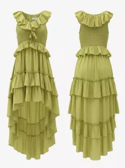 Boho Ruffle High-Low Sundress For Women - Smocked V-Neck Sleeveless Tiered Flowy Midi Dress - Summer Beach Vacation 2026