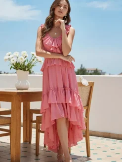 Boho Ruffle High-Low Sundress For Women - Smocked V-Neck Sleeveless Tiered Flowy Midi Dress - Summer Beach Vacation 2026