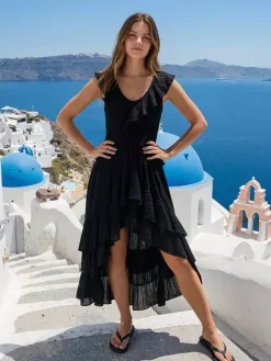 Boho Ruffle High-Low Sundress For Women - Smocked V-Neck Sleeveless Tiered Flowy Midi Dress - Summer Beach Vacation 2026