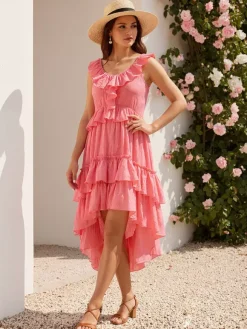 Boho Ruffle High-Low Sundress For Women - Smocked V-Neck Sleeveless Tiered Flowy Midi Dress - Summer Beach Vacation 2026