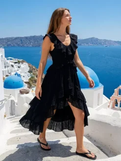 Boho Ruffle High-Low Sundress For Women - Smocked V-Neck Sleeveless Tiered Flowy Midi Dress - Summer Beach Vacation 2026