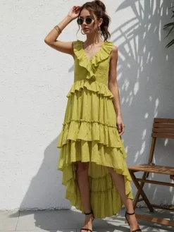 Boho Ruffle High-Low Sundress For Women - Smocked V-Neck Sleeveless Tiered Flowy Midi Dress - Summer Beach Vacation 2026