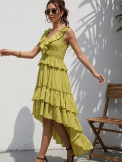 Boho Ruffle High-Low Sundress For Women - Smocked V-Neck Sleeveless Tiered Flowy Midi Dress - Summer Beach Vacation 2026