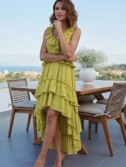 Boho Ruffle High-Low Sundress For Women - Smocked V-Neck Sleeveless Tiered Flowy Midi Dress - Summer Beach Vacation 2026