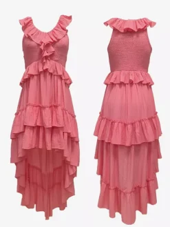 Boho Ruffle High-Low Sundress For Women - Smocked V-Neck Sleeveless Tiered Flowy Midi Dress - Summer Beach Vacation 2026