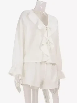 Boho Ruffle 2 Piece Set For Women - Long Sleeve Front Tie Crop Top And Shorts - Summer Beach Vacation Outfit 2026