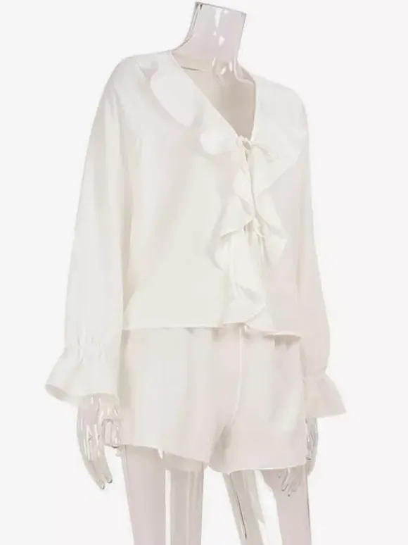 Boho Ruffle 2 Piece Set For Women - Long Sleeve Front Tie Crop Top And Shorts - Summer Beach Vacation Outfit 2026