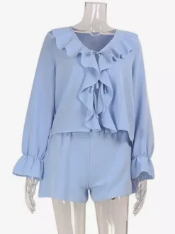 Boho Ruffle 2 Piece Set For Women - Long Sleeve Front Tie Crop Top And Shorts - Summer Beach Vacation Outfit 2026