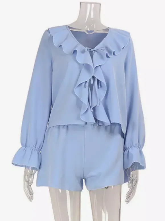 Boho Ruffle 2 Piece Set For Women - Long Sleeve Front Tie Crop Top And Shorts - Summer Beach Vacation Outfit 2026