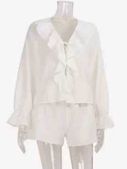 Boho Ruffle 2 Piece Set For Women - Long Sleeve Front Tie Crop Top And Shorts - Summer Beach Vacation Outfit 2026