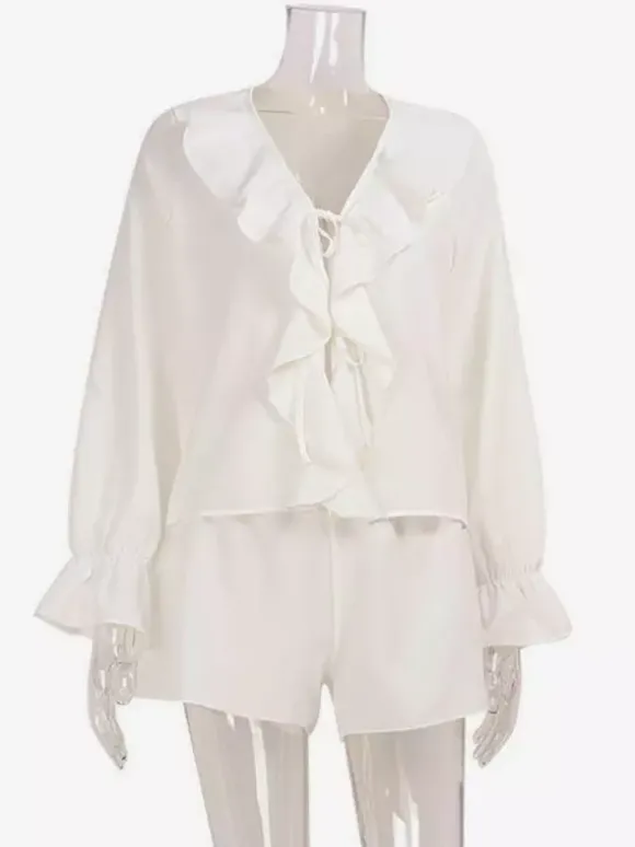 Boho Ruffle 2 Piece Set For Women - Long Sleeve Front Tie Crop Top And Shorts - Summer Beach Vacation Outfit 2026