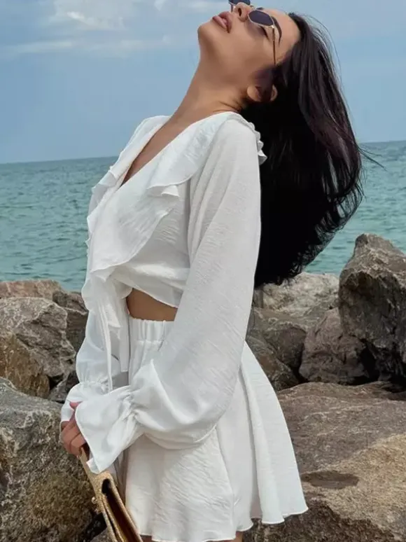 Boho Ruffle 2 Piece Set For Women - Long Sleeve Front Tie Crop Top And Shorts - Summer Beach Vacation Outfit 2026
