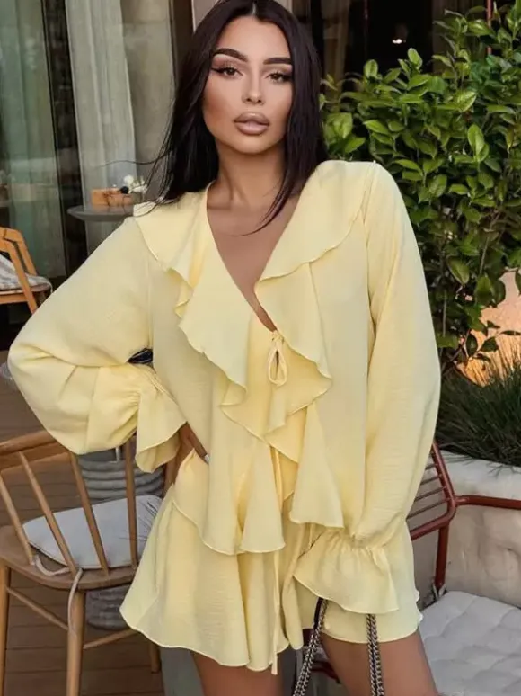 Boho Ruffle 2 Piece Set For Women - Long Sleeve Front Tie Crop Top And Shorts - Summer Beach Vacation Outfit 2026