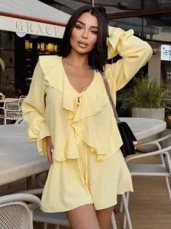 Boho Ruffle 2 Piece Set For Women - Long Sleeve Front Tie Crop Top And Shorts - Summer Beach Vacation Outfit 2026
