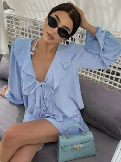 Boho Ruffle 2 Piece Set For Women - Long Sleeve Front Tie Crop Top And Shorts - Summer Beach Vacation Outfit 2026