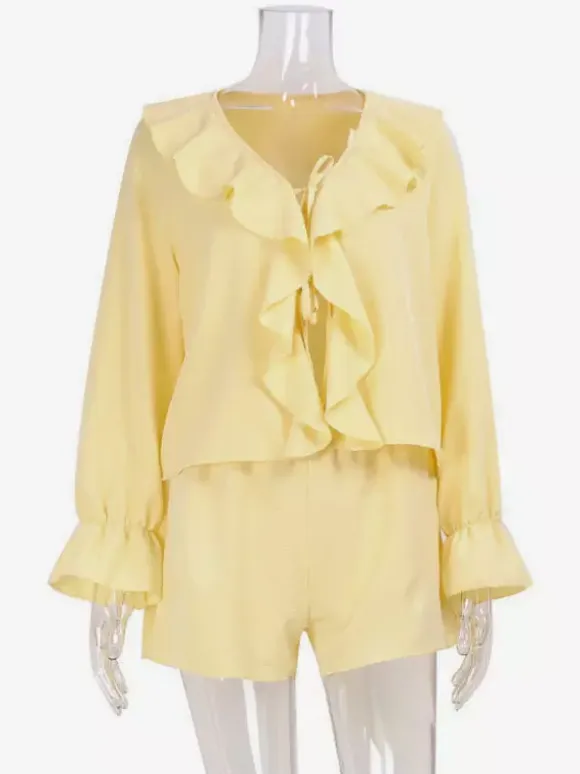 Boho Ruffle 2 Piece Set For Women - Long Sleeve Front Tie Crop Top And Shorts - Summer Beach Vacation Outfit 2026