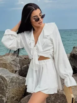 Boho Ruffle 2 Piece Set For Women - Long Sleeve Front Tie Crop Top And Shorts - Summer Beach Vacation Outfit 2026