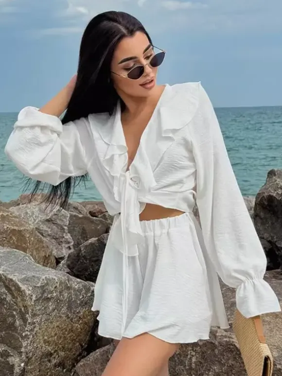 Boho Ruffle 2 Piece Set For Women - Long Sleeve Front Tie Crop Top And Shorts - Summer Beach Vacation Outfit 2026